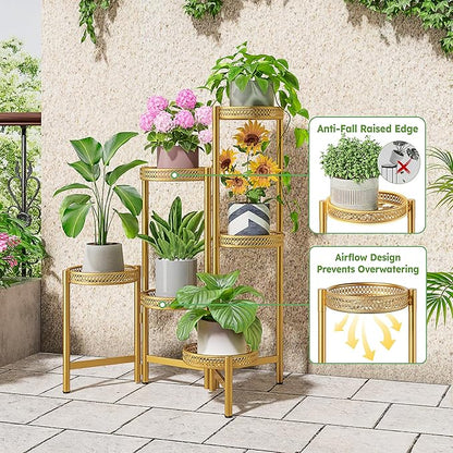 6 Tiered Plant Stand Indoor for Multiple Large Planter, Tall Heavy Duty Adjustable Folding Rack with Rustproof 7.9 Inch Wide Tray, Plant Shelf for Corner Living Room - GoldWave