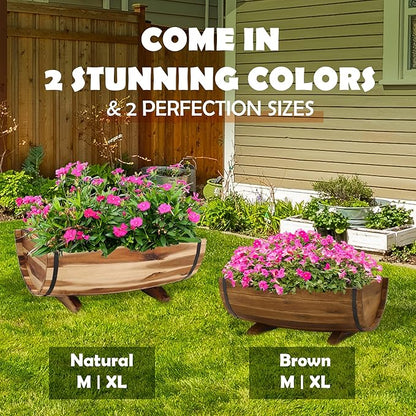 Solid Acacia Wood Half Barrel Planters Outdoor Set of 2 Different Sizes, Wooden Planters for Outdoor Plants with Metal Bands & Drainage Holes, Legs Included, Natural