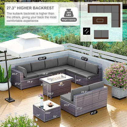 Kullavik 10 Pieces Outdoor Patio Furniture Set with 43" 55000BTU Gas Propane Fire Pit Table PE Wicker Rattan Sectional Sofa Patio Conversation Sets,Grey