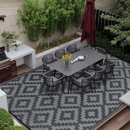 SAND MINE Waterproof Outdoor Rug 9x12 ft, Plastic Reversible Rug, Modern Area Rug, Large Floor Mat for Outdoors, RV, Patio, Backyard, Deck, Picnic, Beach, Camping, Black Grey Lattice