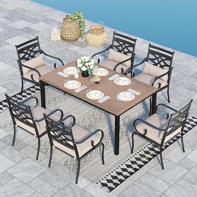 Sophia & William Outdoor Patio Dining Set for 6 | Outdoor Table and Chairs | Removable Seat Cushions | 64" Metal Tabletop with Wood Texture