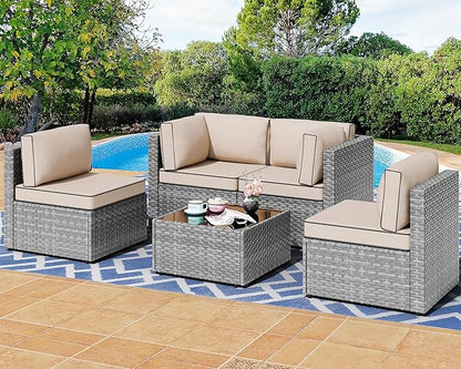 Shintenchi 5 Pieces Outdoor Patio Furniture Sets, Patio Sectional Sofa Couch, Gray PE Wicker Furniture Modular Patio Conversation Sets Patio Sofa with Washable Cushions & Table（Khaki）