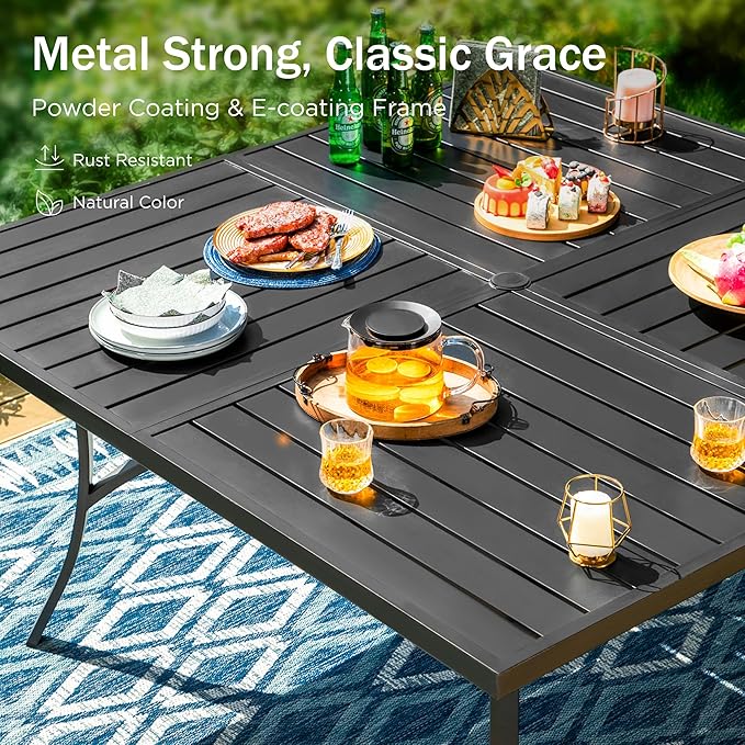 PHI VILLA 9 Pieces Outdoor Dining Set for 8, 60" Square Metal Table with Umbrella Hole & Wrought Iron Swivel Chairs, All Weather Outside Furniture with Blue Cushions & Pillows for Patio, Deck, Porch