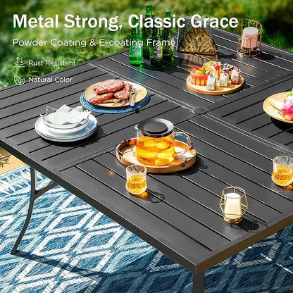 PHI VILLA 9 Pieces Outdoor Dining Set for 8, 60" Square Metal Table with Umbrella Hole & Wrought Iron Swivel Chairs, All Weather Outside Furniture with Blue Cushions & Pillows for Patio, Deck, Porch