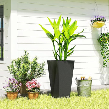 Outsunny 23 Inch Tall Planters for Outdoor Plants, Set of 2 Plastic Flower Pots, Weather and UV Resistant Stackable Tapered Large Planters for Front Door Patio Garden Use, Black