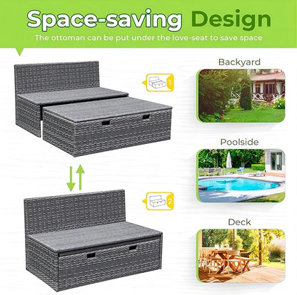 Greesum Outdoor Daybed Set Multifunctional Wicker Lounge Bed Furniture with Two Side Tables, Cushions, Storage Bench for Porch Lawn Patio Beach, OneSize, White