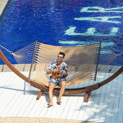 Lazy Daze Hammocks 10.5 FT Double 2 Person Caribbean Rope Hammock, Hand Woven Polyester Hammock with Spreader Bars, for Outside Outdoor Backyard Patio Poolside, 450 LBS Capacity, Tan