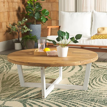 SAFAVIEH Outdoor Collection Leo Natural/White Solid Wood Round Coffee Table