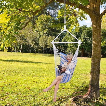 Backyard Expressions Striped Hammock Chair Hanging Rope Swing Chair, Anti Slip Steel Spreader Bar