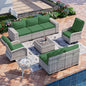 9-Piece Outdoor Patio Furniture Set with Rocking Swivel Chair Wicker Sectional Sofa Set, Patio Conversation Set with Thickened Cushions & Coffee Table for Garden, Backyard, Green