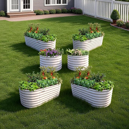 A ANLEOLIFE Set of 6 24 Inch Tall Antique White Raised Garden Beds Kit, Oval & Round Metal Planters – Ideal for Backyard Vegetables Flowers Herbs