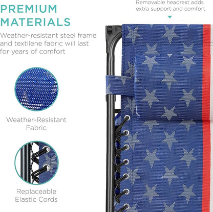Best Choice Products Folding Zero Gravity Outdoor Recliner Patio Lounge Chair w/Adjustable Canopy Shade, Headrest, Side Accessory Tray, Textilene Mesh - American Flag