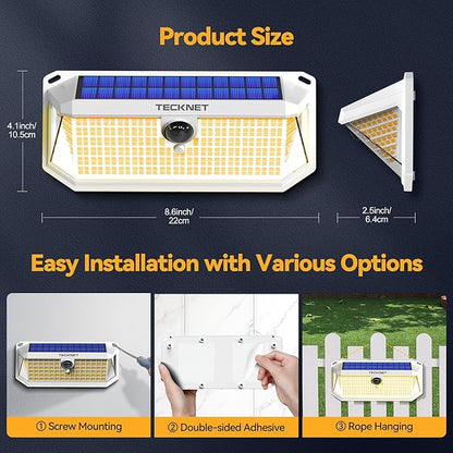 TECKNET 461 LED Solar Powered Outdoor Lights, 270° Angle & 3 Lighting Modes Motion Sensor Light Outdoor, Security Solar Lights Waterproof - 2 Pack, White Color & Warm Light