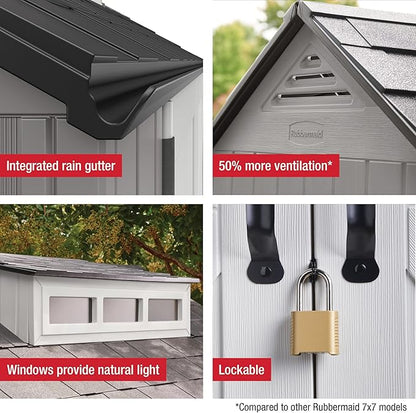 Rubbermaid Resin Outdoor Storage Shed With Floor (7 x 7 Ft) Weather Resistant Gray Organization for Home/Backyard/Garden Tools/Lawn Mower/Bike Storage/Pool Supplies
