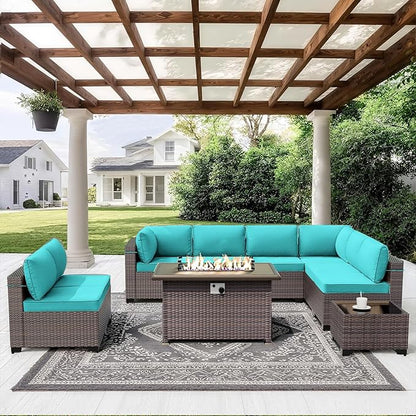 ALAULM 10 Pieces Outdoor Patio Furniture Set with Propane Fire Pit Table Outdoor Sectional Sofa Sets Patio Furniture 43" Gas Fire Pit PE Rattan Patio Conversation Set w/8 Seat Cushions (Turquoise)