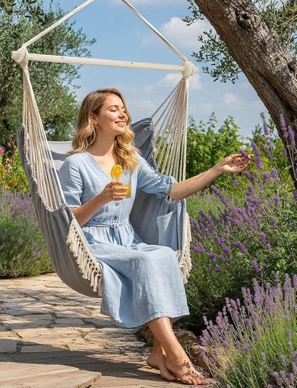 Chihee Hammock Chair Hanging Swing Max 500 Lbs 2 Cushions Included Metal Spreader Bar with Anti-Slip Grooves Portable Hanging Chair Side Pocket Large Macrame Bohemian Chair Indoor Outdoor