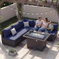 NICESOUL 6 Piece Modern Wicker Patio Furniture Set with Firepit Natural Gas/Propane, 29.3'' High-Back Deep Wide Seat Outdoor Conversation for Backyard, Oversized Sofa Couch, 2 Color Cushion Navy&Gray