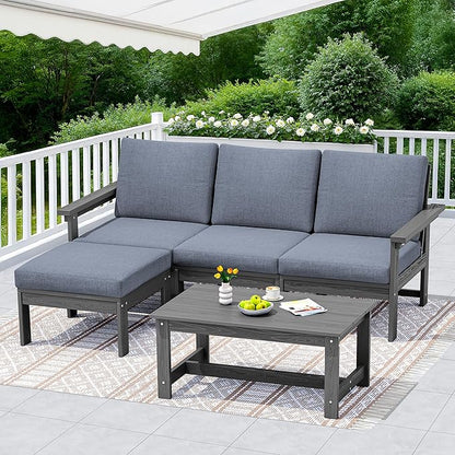 SERWALL Outdoor Sectional Sofa Set, 5-piece Outdoor Modula Couch Set with Ottoman, All Weather Patio Furniture Set with Chaise for Deck, Lawn, Gray Frame with Gray Cushion