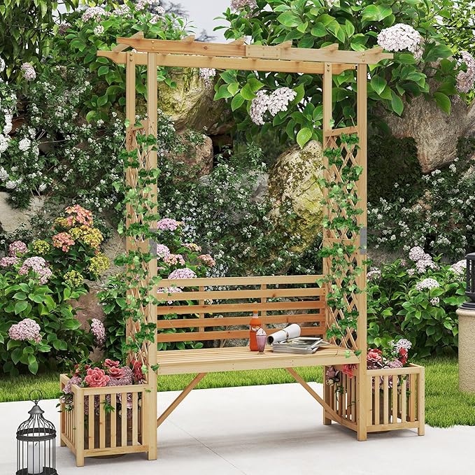 Giantex Outdoor Bench with Garden Arbor & 2 Planter Boxes, Wooden Trellis for Climbing Plants & Vines, Outside Pergola for 2-People Seating, Decoration for Porch, Patio, Yard