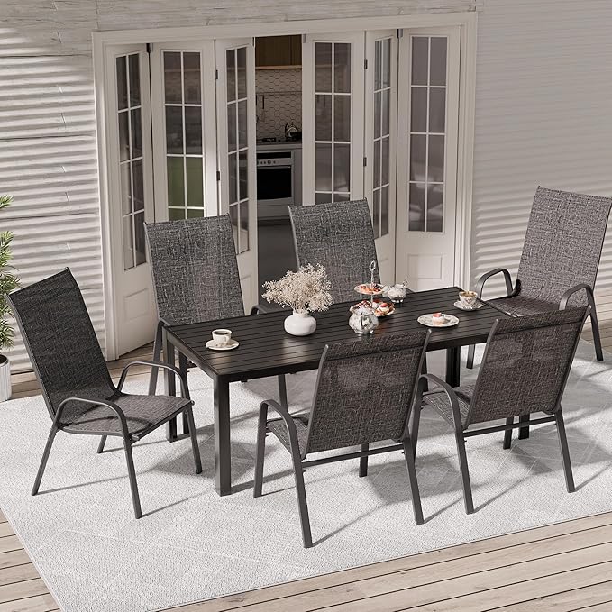 Patio Dining Chairs, Set of 6, Dark Grey Steel Frame, Stackable