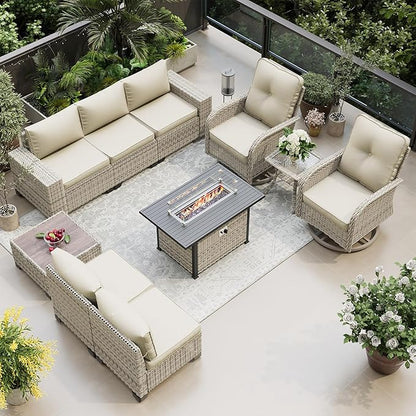 10-Piece Outdoor Patio Furniture Set with Rocking Swivel Chair, PE Wicker Rattan Sectional Sofa Patio Conversation Set with 55,000 BTU Fire Pit Table & Coffee Table, White
