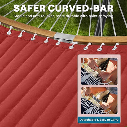SUPERJARE Hammock with Stand, 2 Person Heavy Duty Hammock with Padded Cotton, Detachable Pillow & Strong Curved-Bar & Portable Carrying Bag, Perfect for Outdoor & Indoor, Burgundy