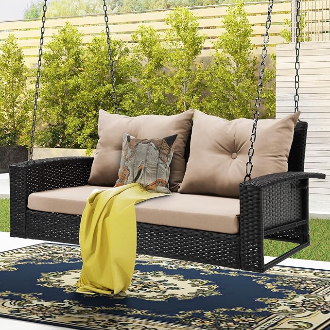 DWVO Hanging Porch Swing Chair Outdoor Wicker Rattan Patio Swing Lounge 2 Seats Cushions Capacity 530lbs for Balcony, Garden, Living Room, Brown Rattan Light Brown Cushion