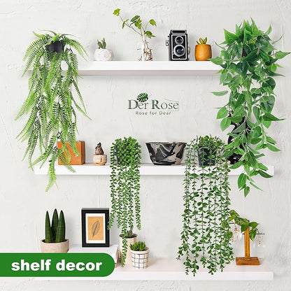 Der Rose 4Pcs Fake Plants Hanging Artificial Ivy Vine Faux Eucalyptus Hanging Plants, Boston Fern, String of Pearls for Living Room Bedroom Boho Wall Shelf Indoor Outdoor Decor