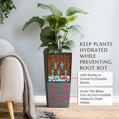 Mueller Janska M-Resin Heavy Duty Tall Planter, Indoor/Outdoor Grande Plant, Tree, Flower Pot, 2-Piece Set, 27.5”, Modern Design, Built-in Drainage, Mocha