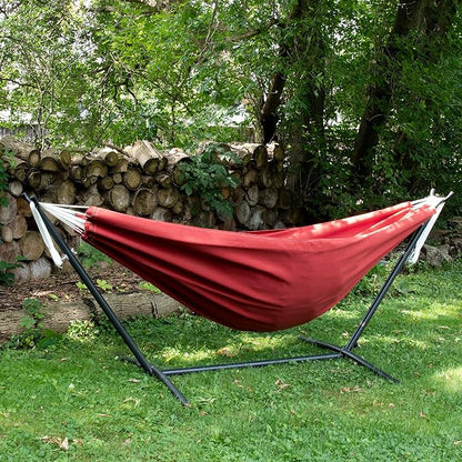 Vivere Double Sunbrella Hammock with Space-Saving Steel Stand, Heavy-Duty Portable Outdoor Hammock Set for Backyard, Patio, or Travel, Crimson