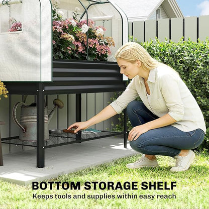 Outsunny Galvanised Raised Garden Bed with Greenhouse Cover, Metal Elevated Garden Bed with Legs, Bed Liner and Bottom Shelf, Outdoor Raised Planter Box for Vegetables, Herbs, Flowers, Black