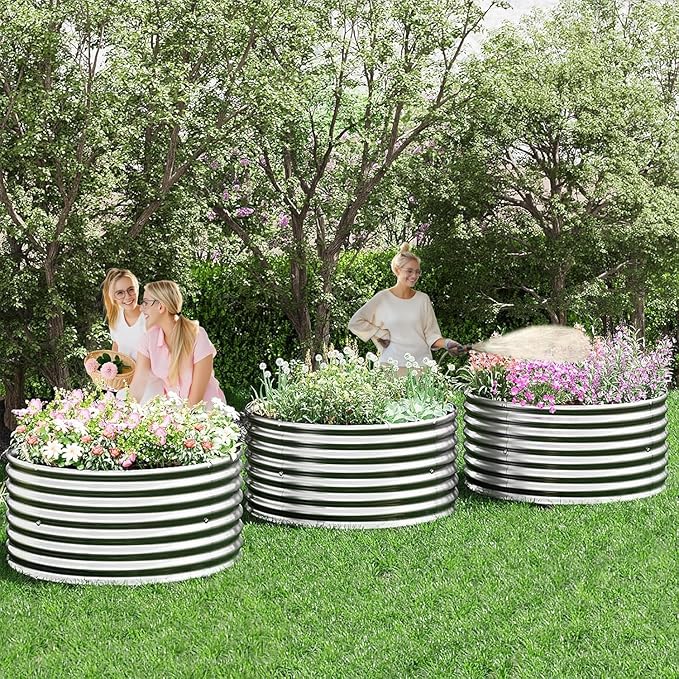 4 Pack 2x2FT Round Corrugated Galvanized Steel Raised Garden Bed Outdoor, Metal Above Ground Garden Bed for Vegetables and Flowers, Raised Beds for Gardening-2x2FTx10Inch