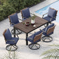 Grand patio 7-Piece Outdoor Dining Set, 6 Leather-Look Wicker Swivel Blue Patio Chairs & 1 Rectangular Faux Woodgrain Dining Table, Dark Brown