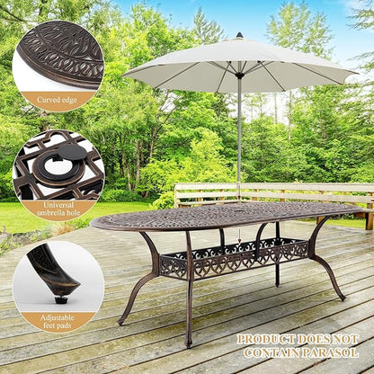 Outdoor Patio Dining Table - All-Weather Cast Aluminum 87" x 28.5“ Oval Patio Table with 2" Umbrella Hole for Balcony Lawn Garden Backyard