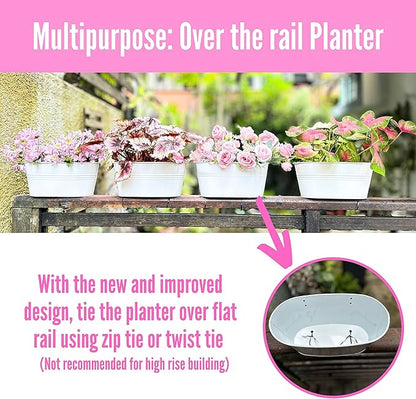 LaLaGreen Outdoor Rail Planter (4 Pack, 11.8 Inch) Metal Iron Hanging Flower Pots Deck Railings Fence Buckets Modern Countryside Boho Style White Wall Mount Window Box Plant Holder Hooks Porch Decor