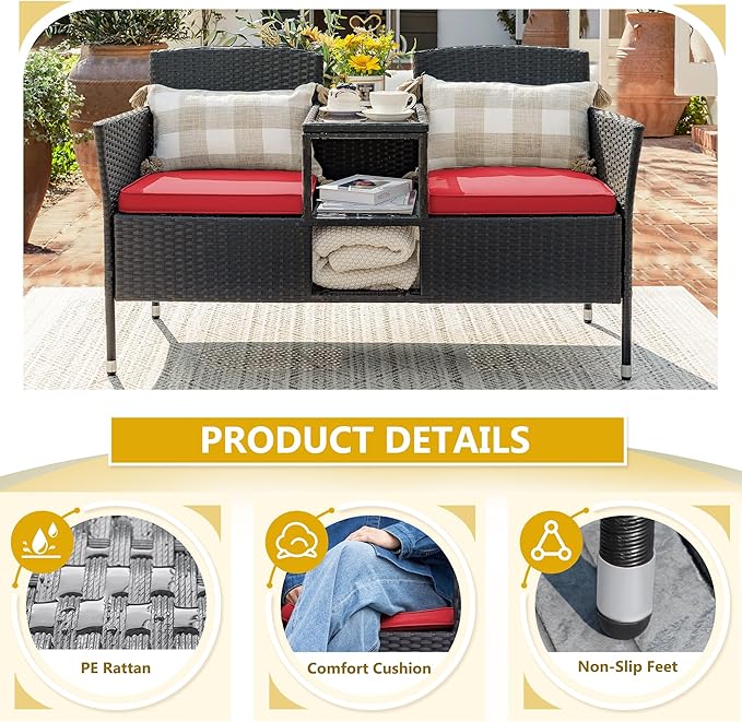 Devoko Outdoor Patio Loveseat Modern Rattan 2-Seat Patio Conversation Set with Cushions & Built-in Coffee Table Porch Furniture for Garden Lawn Backyard (Red)