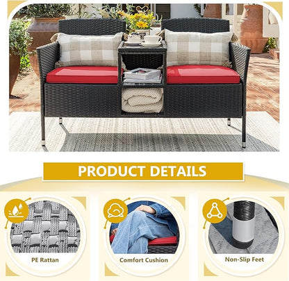 Devoko Outdoor Patio Loveseat Modern Rattan 2-Seat Patio Conversation Set with Cushions & Built-in Coffee Table Porch Furniture for Garden Lawn Backyard (Red)