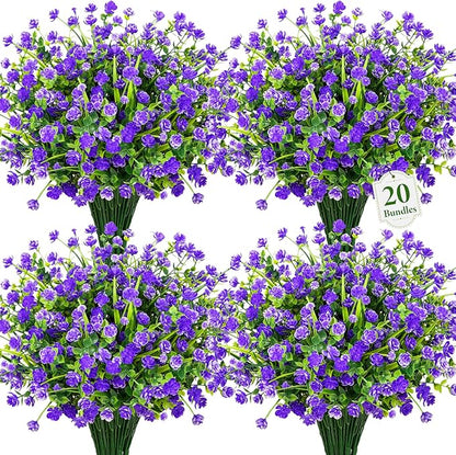 20 Bundles Artificial Flowers for Outdoors Fake Plastic Flowers UV Resistant Realistic Faux Plants Shrubs for Spring Summer Garden Porch Yard Patio Planter Window Box Home Decor, Purple