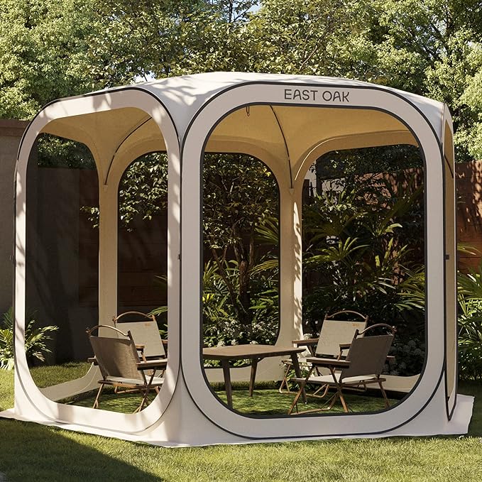 East Oak Screen House Tent Pop-Up, Portable Screen Room Canopy Instant Screen Tent 10 x 10 FT with Carry Bag for Patio, Backyard, Deck & Outdoor Activities, Beige
