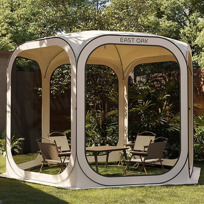 East Oak Screen House Tent Pop-Up, Portable Screen Room Canopy Instant Screen Tent 10 x 10 FT with Carry Bag for Patio, Backyard, Deck & Outdoor Activities, Beige