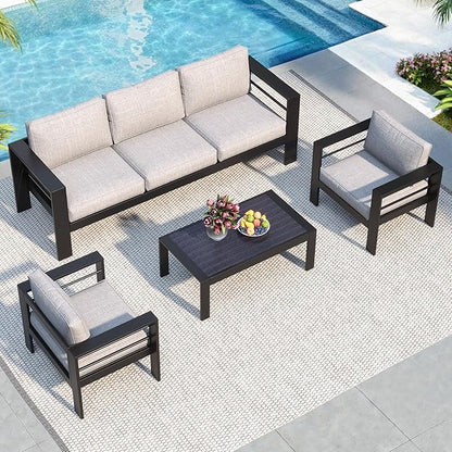 Solaste Aluminum Patio Furniture Set for All Weather, Oversized Outdoor Furniture Set with 27.5" Deep Seating and 3.2" Wide Armrest, Outdoor Patio Conversation Sets with 5" Cushion,Black and Grey