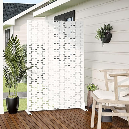 Casaphoria Metal Privacy Screen Outdoor, 72" H x 47" W Freestanding Decorative Privacy Screen for Patio Deck Balcony Garden with Stable Base, White Square