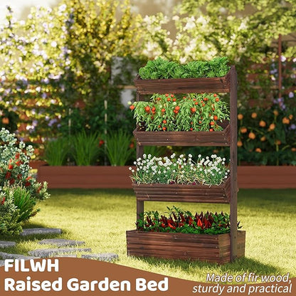 FILWH Wooden Raised Garden Bed Vertical Planter Box, Freestanding Plant Stand for Indoor Outdoor Plants, Herbs, Flowers, Vegetables, Gardening (Carbonized, 4-Tier，29.9 x 17.9 x 55in)