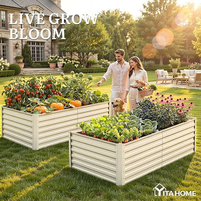 YITAHOME 6x3x2ft 2pcs Large Raised Garden Bed Kit, Galvanized Metal Planter Box with Gloves, Support Rod, Outdoor Above Ground Planters for Plants Vegetables Flowers, Cream Yellow