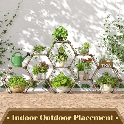 Tikea - Hexagonal Plant Stand Indoor Outdoor Large 11 Tiered Wooden Plant Shelf Indoor Creative Flower Decor for Living Room Balcony Patio