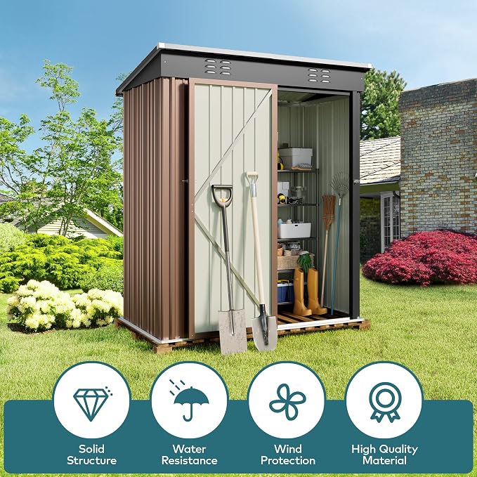 Outdoor Storage Shed, 5' x 3' Brown Galvanized Steel with Lockable Door