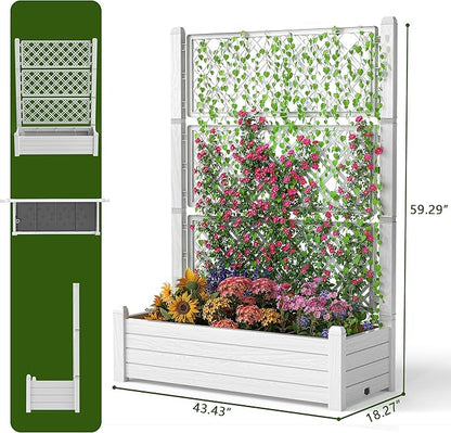EasyUp Raised Garden Bed with Trellis for Climbing Plants, Outdoor Herb Planter Box with Drainage Plug & Water Gauge, Durable Resin for Patio, Balcony, Yard, Dust-Proof Garden Planter