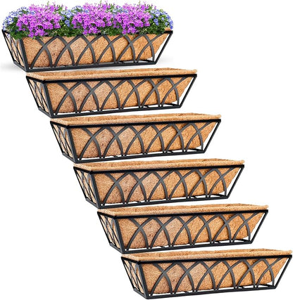 6pcs 24 Inch Window Deck with Coco Liner, 24" Window Boxes Horse Trough with Coconut Coir Liner, Metal Hanging Flower Planter Window Basket Deck Railing Planter Boxes for Outdoor Indoor Lawn