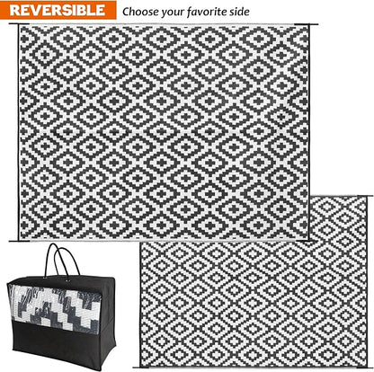 SAND MINE Waterproof Outdoor Rug 8x10 ft, Plastic Reversible Rug, Modern Area Rug, Large Floor Mat for Outdoors, RV, Patio, Backyard, Deck, Picnic, Beach, Camping (8' x 10', Black & White Lattice)