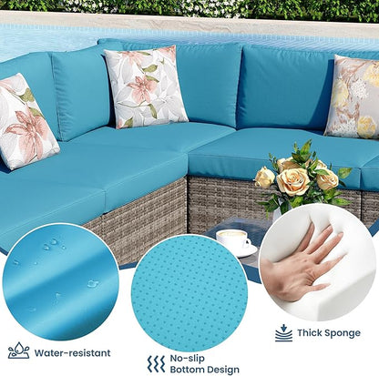 Wisteria Lane 8 Pieces Outdoor Patio Furniture Set with 43" Fire Pit Table, Wicker Outdoor Patio Sectional Sofas with Coffee Table, All-Weather Patio Conversation Set for Backyard Garden, Light Blue